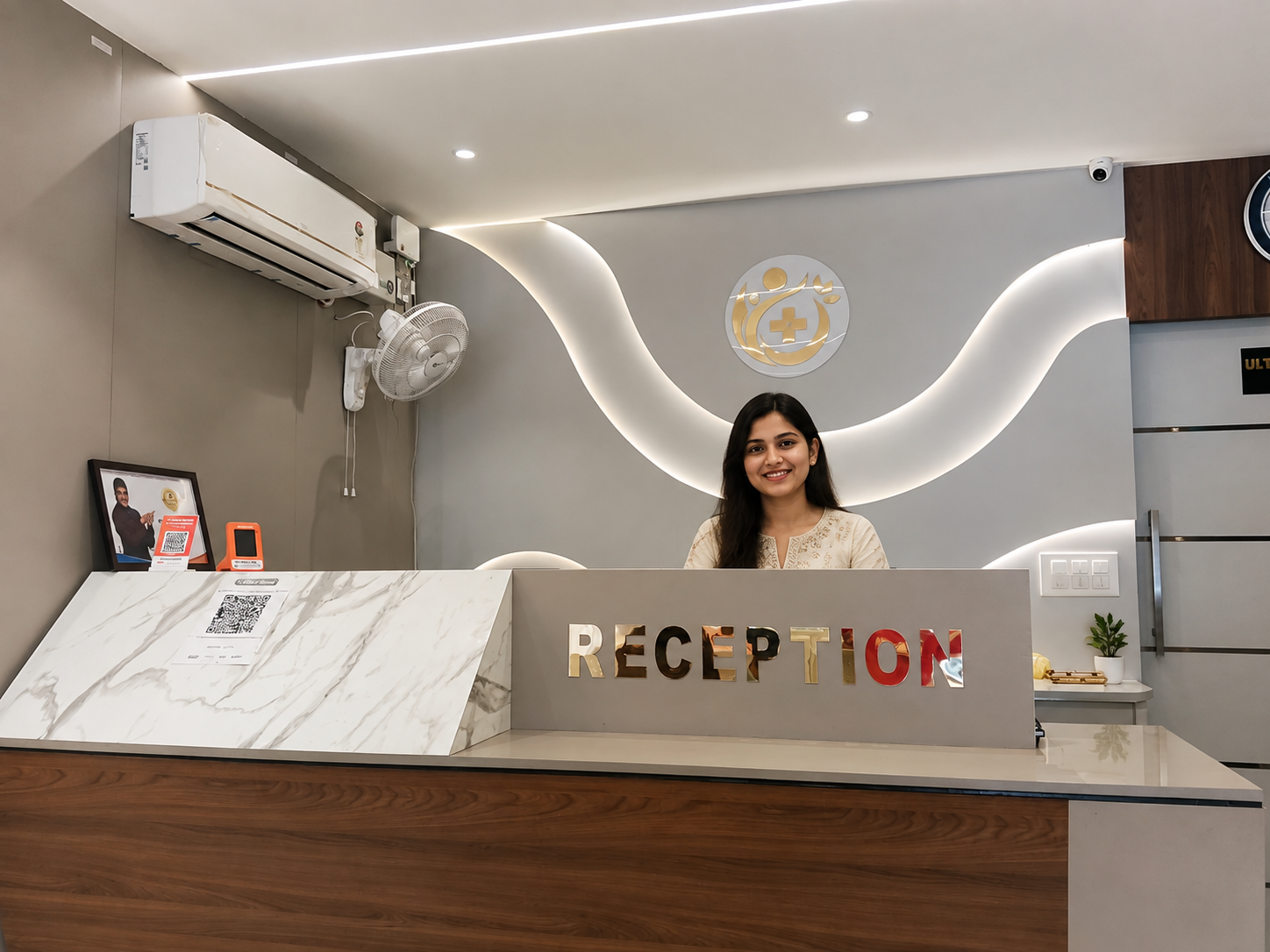 Modern reception desk and welcome area at Pragati Neolife diagnostic centre